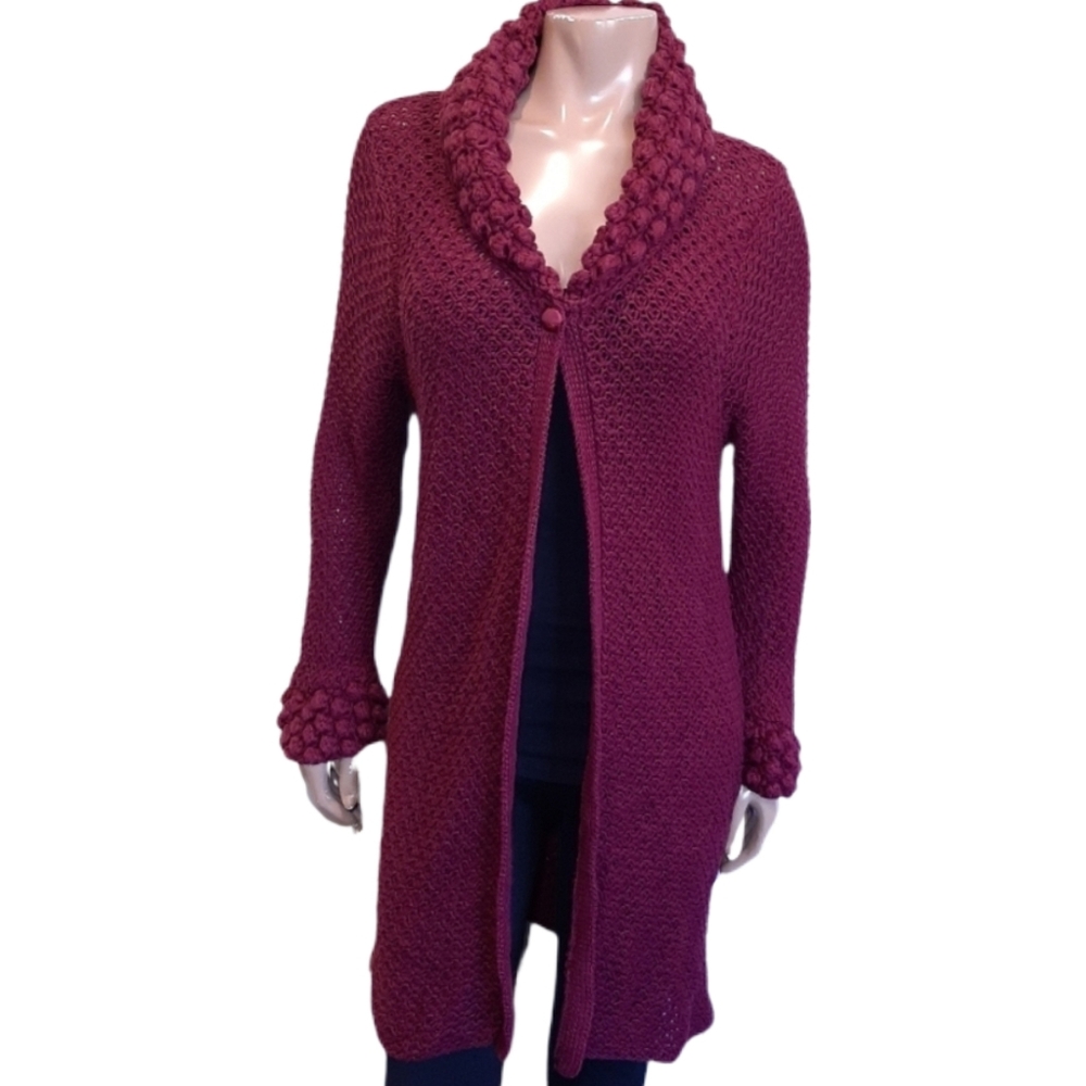 Avon Chunky Popcorn Knit Cardigan Sweater Shawl Collar Mid Length Plum Small